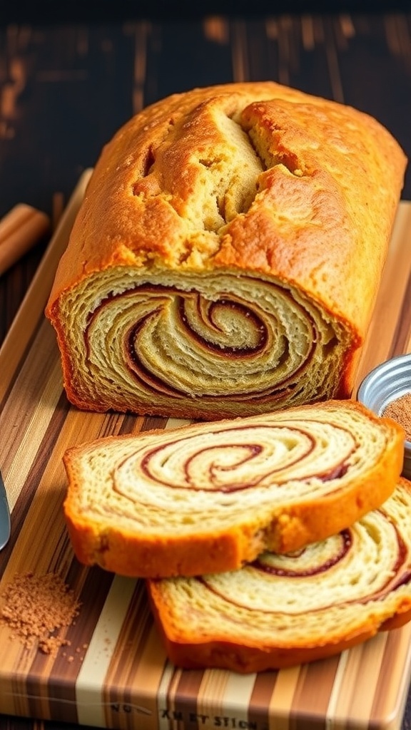 Gluten-Free Cinnamon Bread Recipe A loaf of gluten-free cinnamon bread with a swirl of cinnamon, sliced on a wooden board.